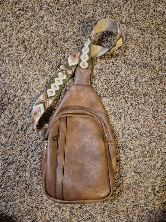 Handbags - Brown Leather Sling Crossbody Bag with Patterned Strap